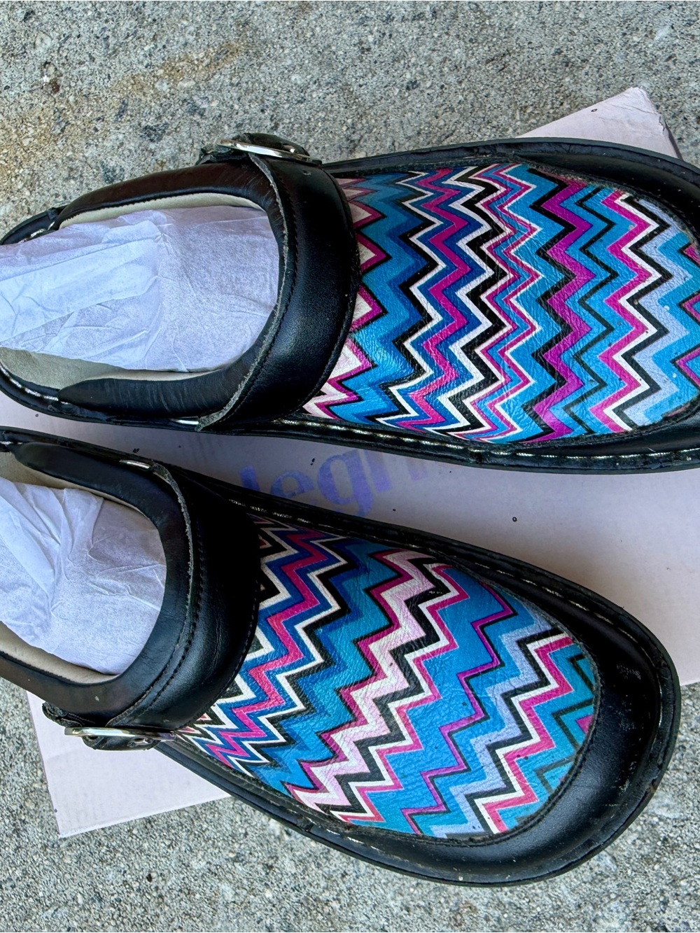 Alegria Zigzag Mary Jane Clogs in Blue, Pink & Black